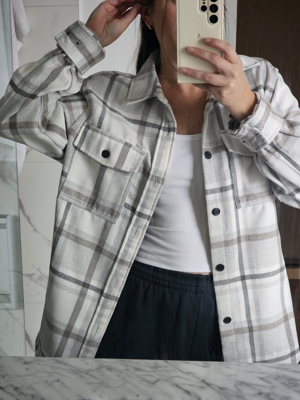 H&M Cream, Gray & Tan Plaid Utility Shacket